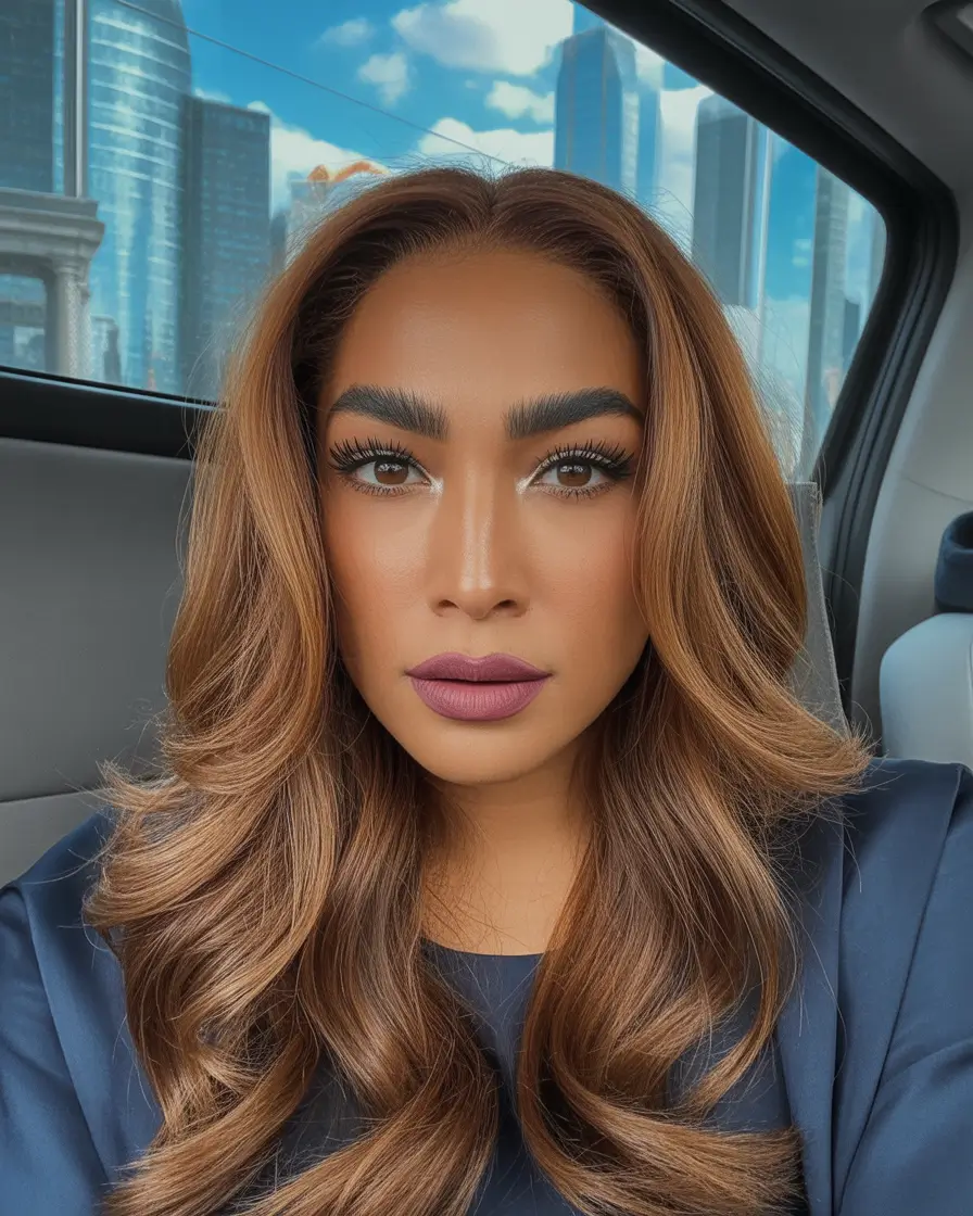 hair color for brown skin Soft Mocha Waves with Subtle Glow