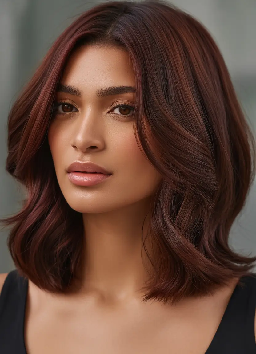 hair color for brown skin Mulberry Chocolate Lob with Dimensional Shine
