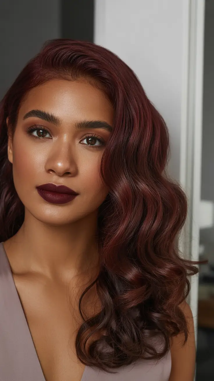hair color for brown skin Deep Merlot Waves with Velvet Shine