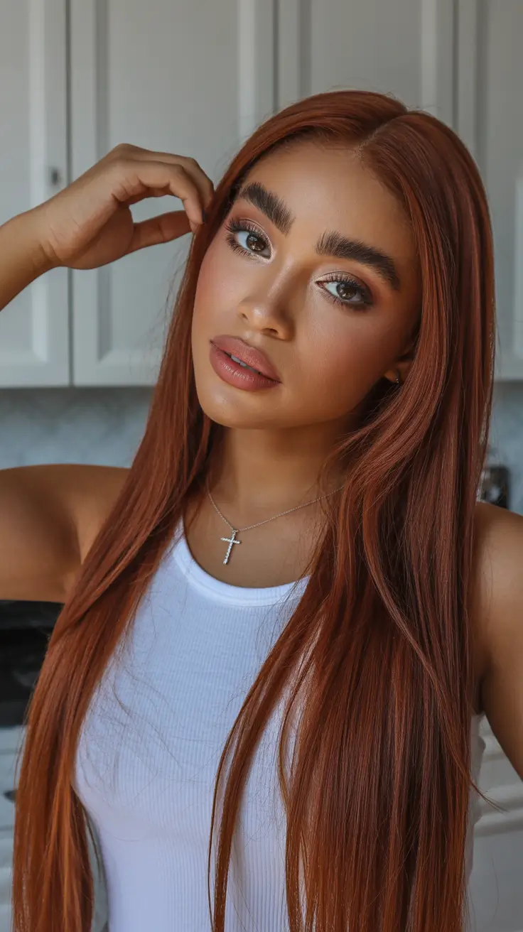 hair color for brown skin Long Copper Cinnamon Straight Layers