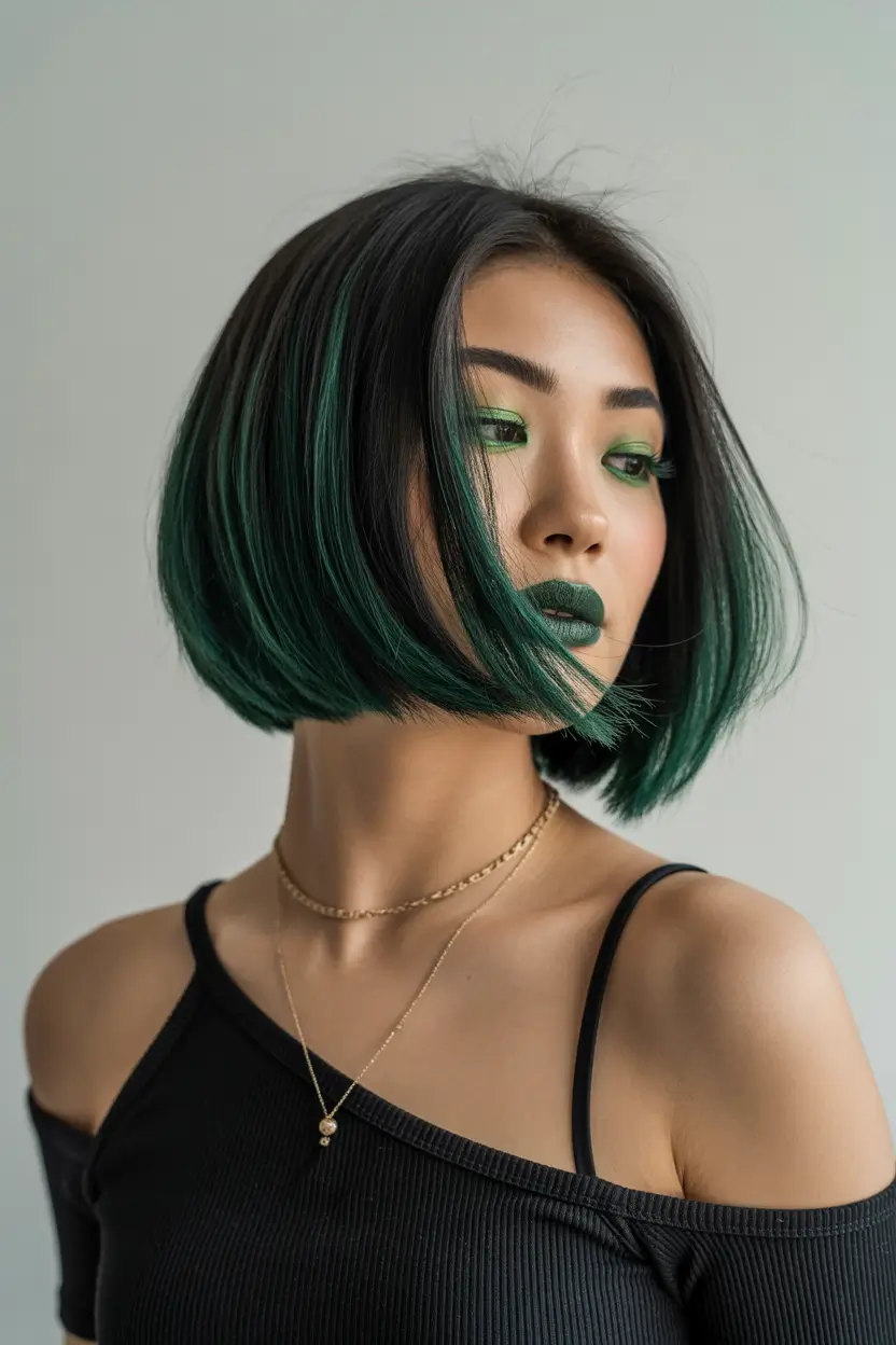 hair color for brown skin Emerald Black Bob with Striking Green Underglows