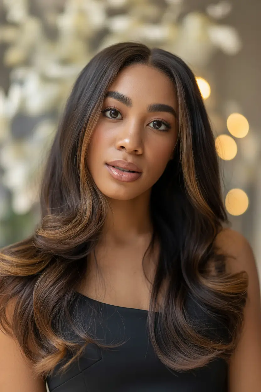 hair color for brown skin Warm Honey Balayage with Soft Contour Waves