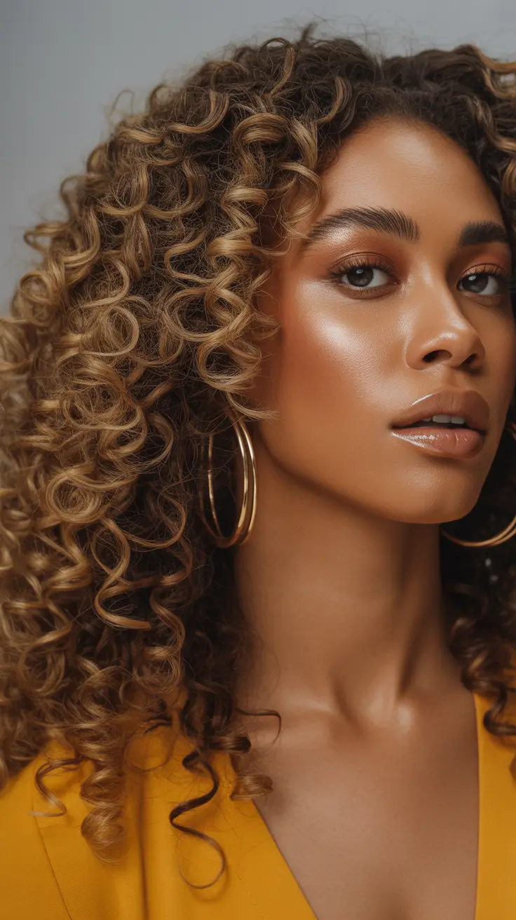 hair color for brown skin Honeyed Spiral Curls with Golden Lift