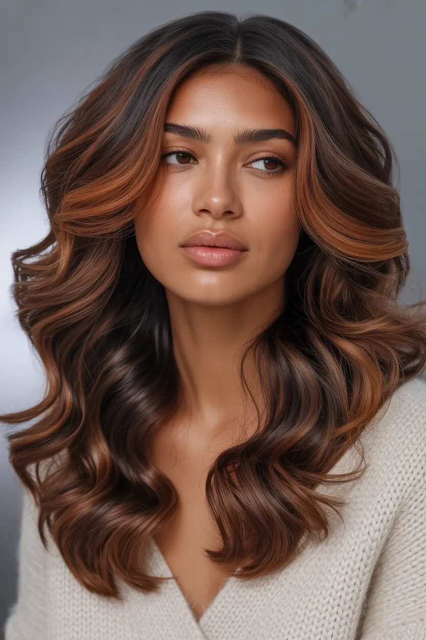 hair color for brown skin Chestnut Espresso Waves with Cinnamon Accents