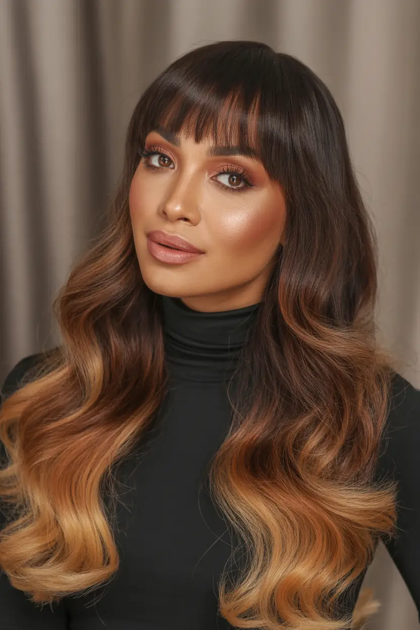 hair color for brown skin Soft Ombre Waves with Face-Framing Bangs