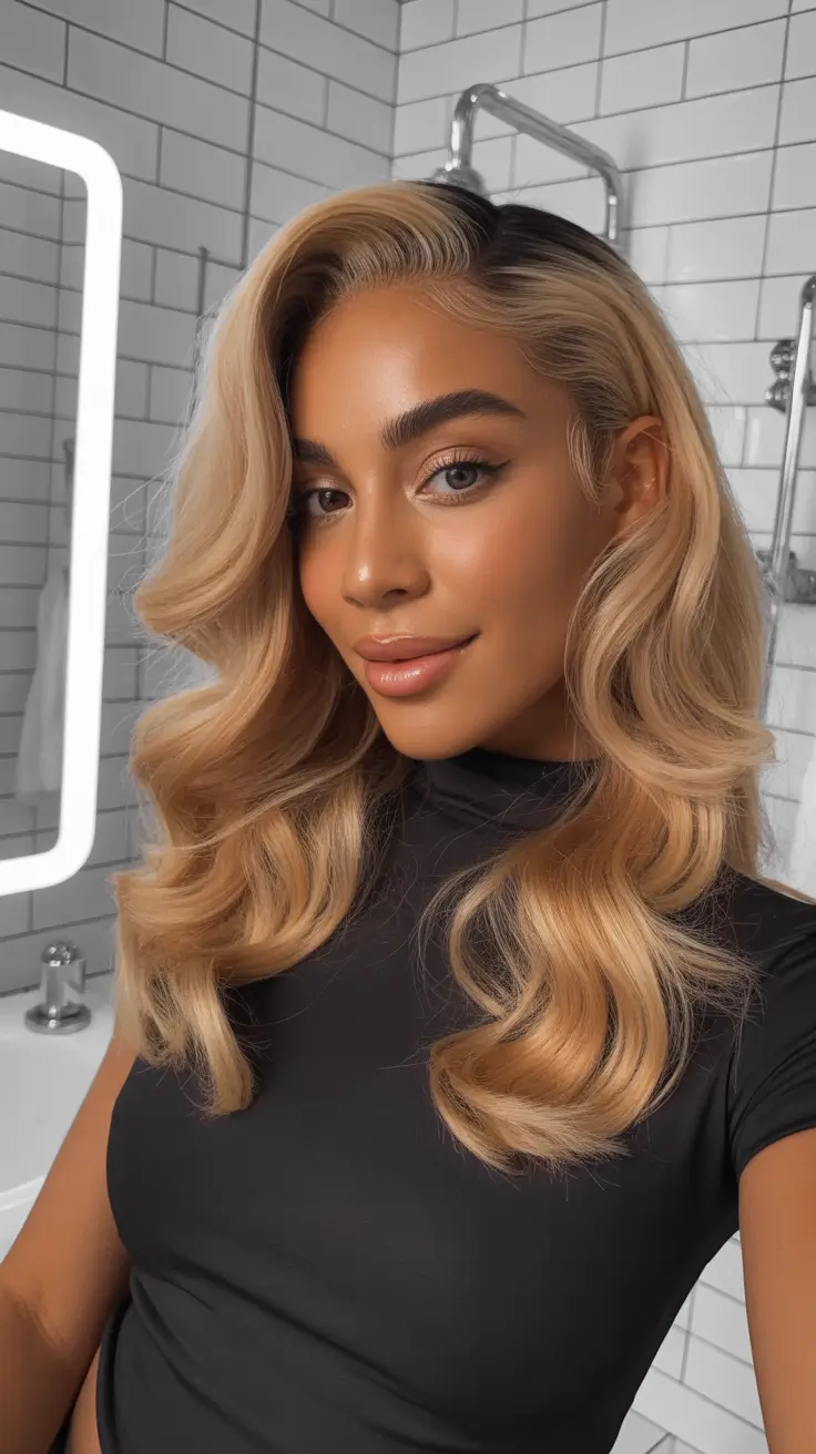 hair color for brown skin Golden Hollywood Waves with Soft Radiance