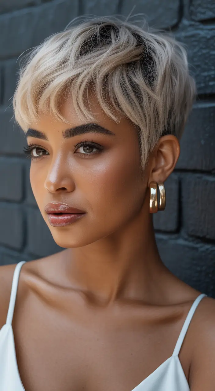 hair color for brown skin Creamy Blonde Pixie with Soft Fringe Texture