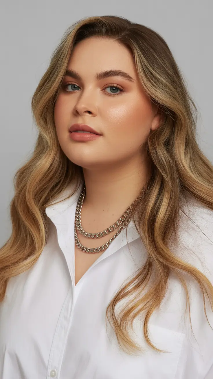 Fat Face Haircuts Soft Long Waves With Golden Dimension