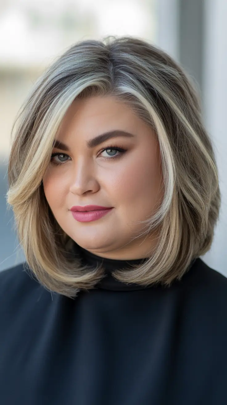 Haircuts for Plus Size Women Dimensional Highlighted Lob with Face-Framing Lift