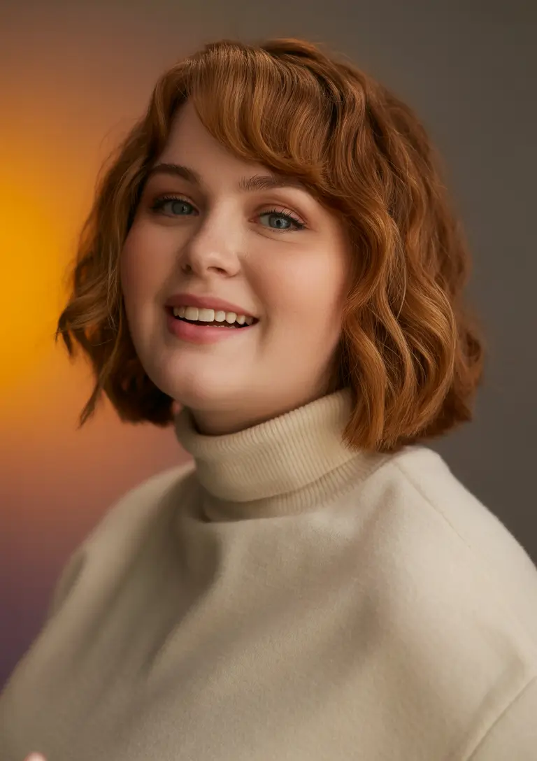 Haircuts for Plus Size Women Soft Ginger Waves with Curved Fringe