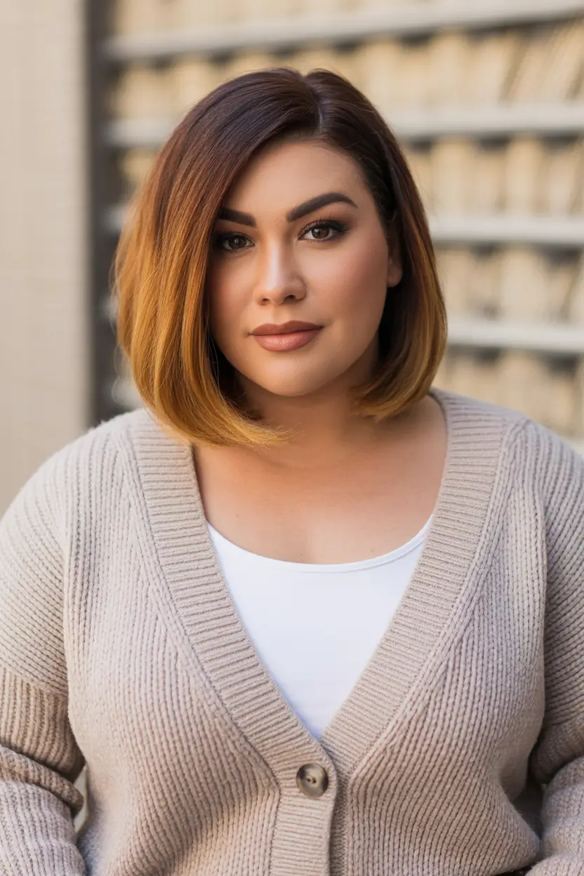 Haircuts for Plus Size Women Warm Angled Lob with Sleek Contour