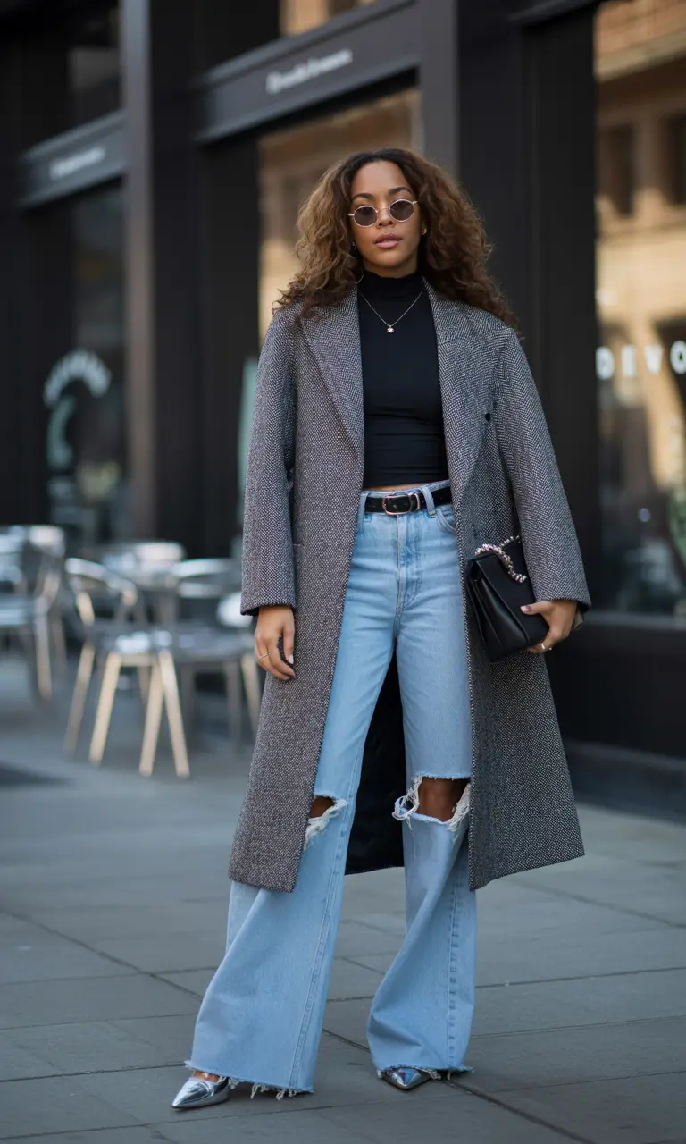 outfits for black women - Grey Coat and High-Rise Denim Confidence