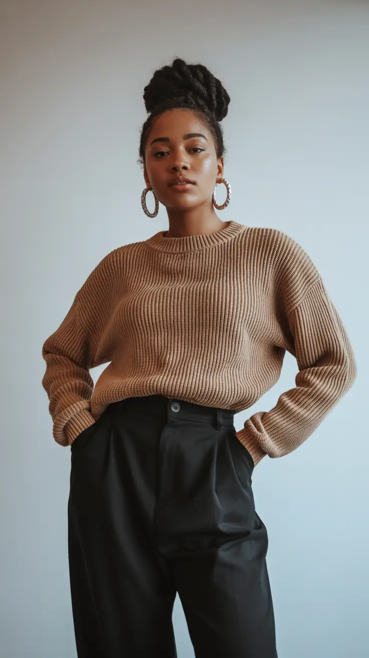 outfits for black women Cozy Minimalism With a Polished Edge