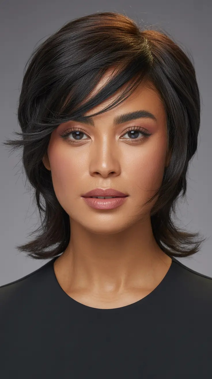 shag haircut Polished Jet-Black Medium Shag With Sleek Flicked Layers