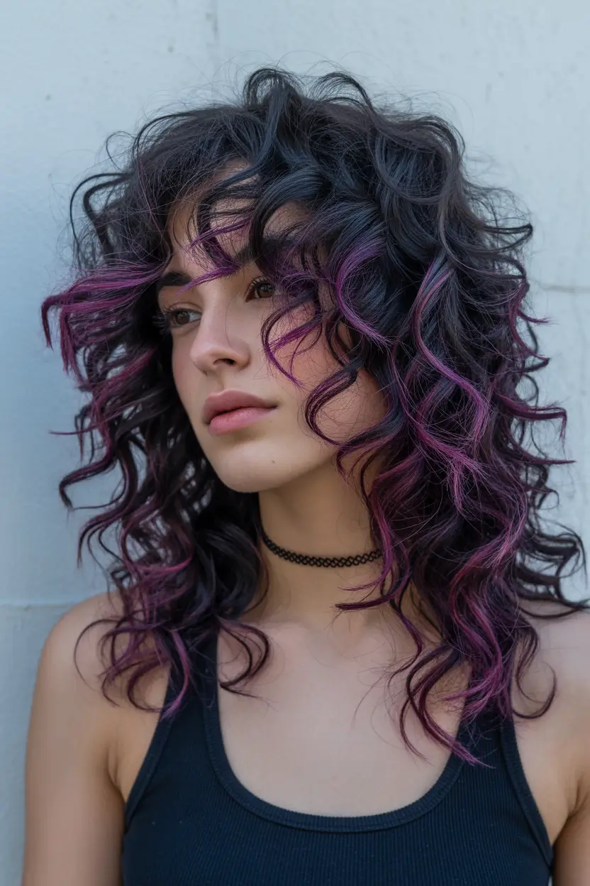shag haircut Curly Midnight-Purple Shag With Spiraled Dimension