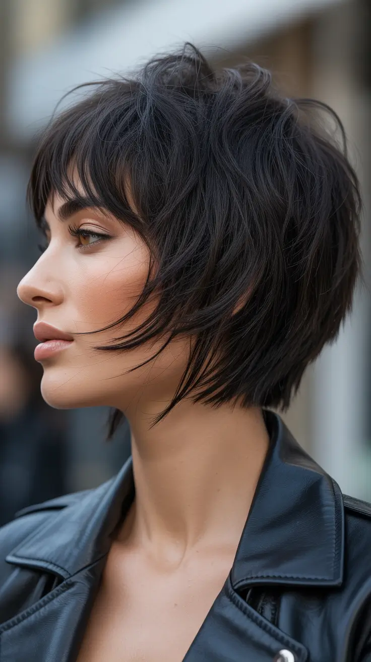 shag haircut Edgy Jet-Black Pixie Shag With Windswept Texture