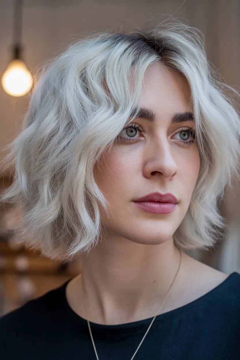 shag haircut Platinum Wavy Mini Shag With Soft Glow