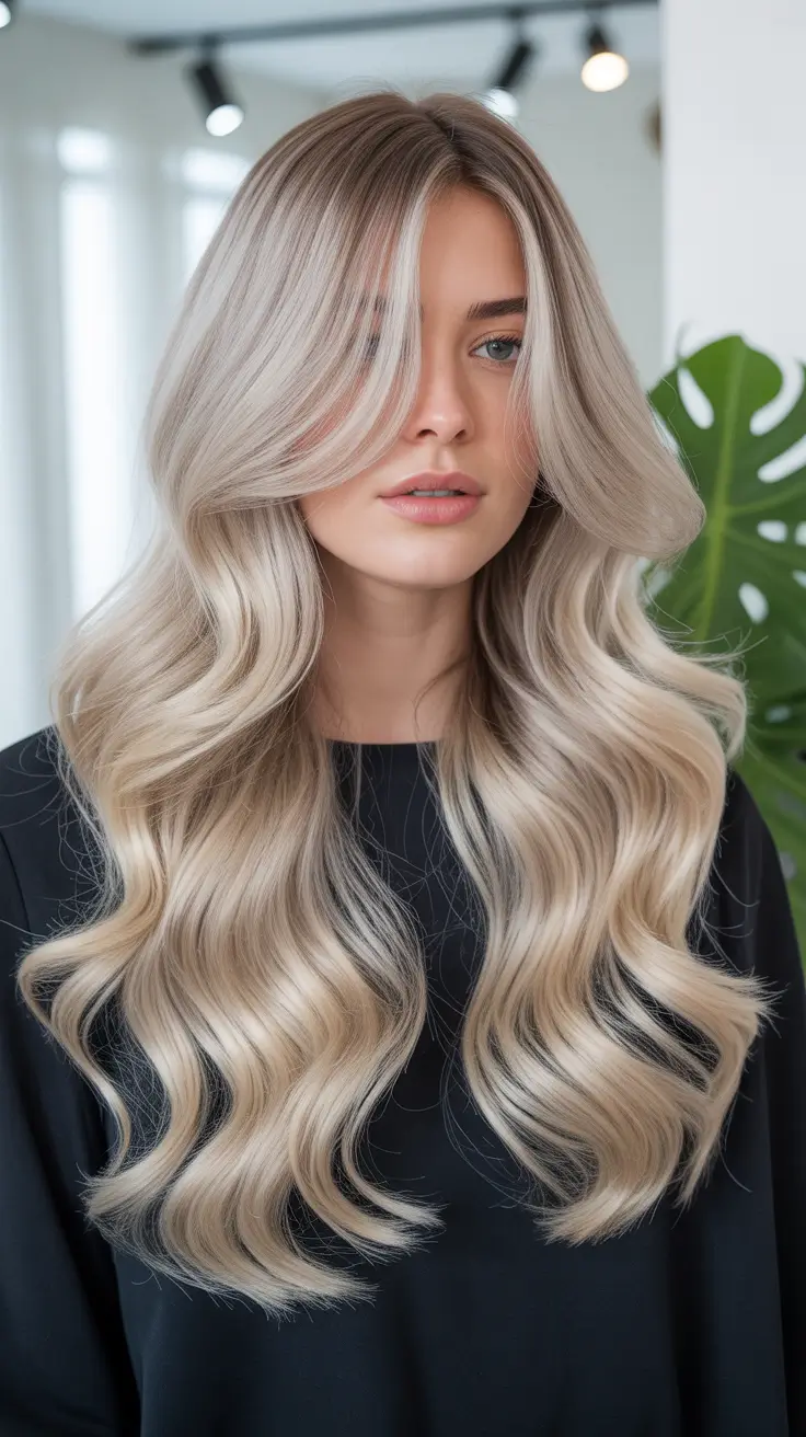 blonde hair color Long Cascading Beige Champagne Waves