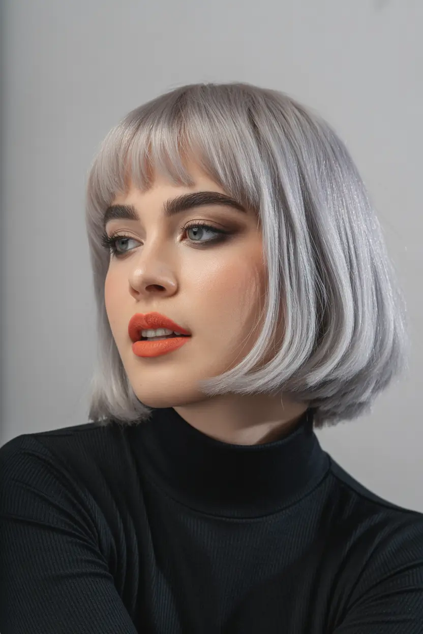 blonde hair color Frosted Platinum Bob With Baby Bangs