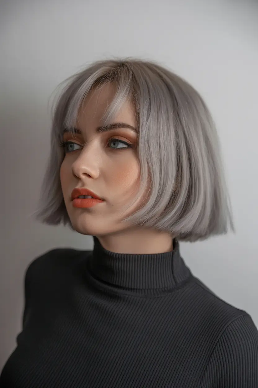 blonde hair color Smoky Silver Bob With Soft Fringe