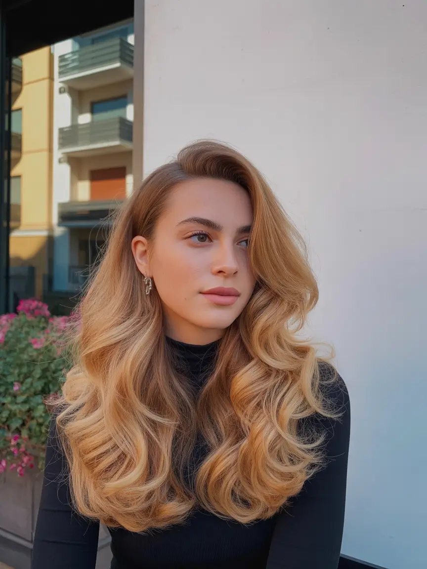 blonde hair color Warm Golden Caramel Luxe Waves