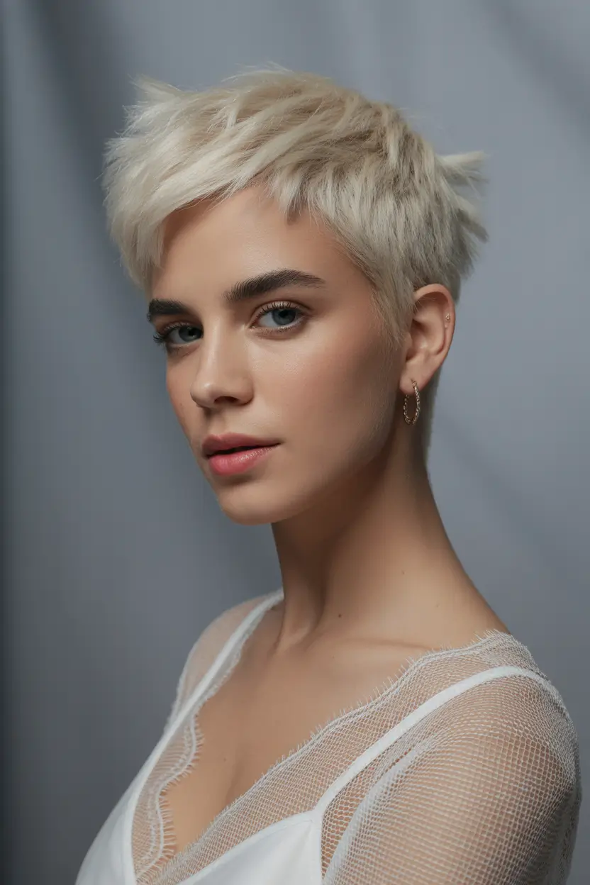 blonde hair color Soft Platinum Pixie With Airy Texture