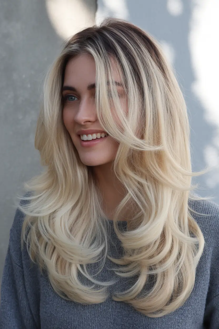 blonde hair color Layered Champagne Blonde Flow