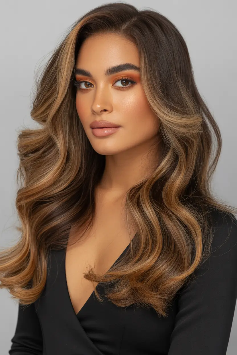 brown hair colors 2026 Golden Caramel Balayage With Luxe Curves