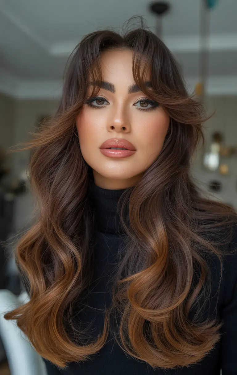 brown hair colors 2026 Warm Honey Tea Brunette With Feathered Ends