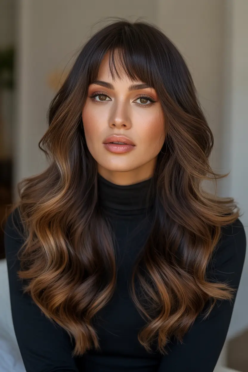 brown hair colors 2026 Caramel Espresso Waves With French-Inspired Bangs