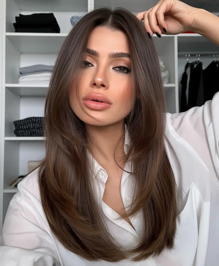 brown hair colors 2026 Classic Medium Brunette With Clean Layering