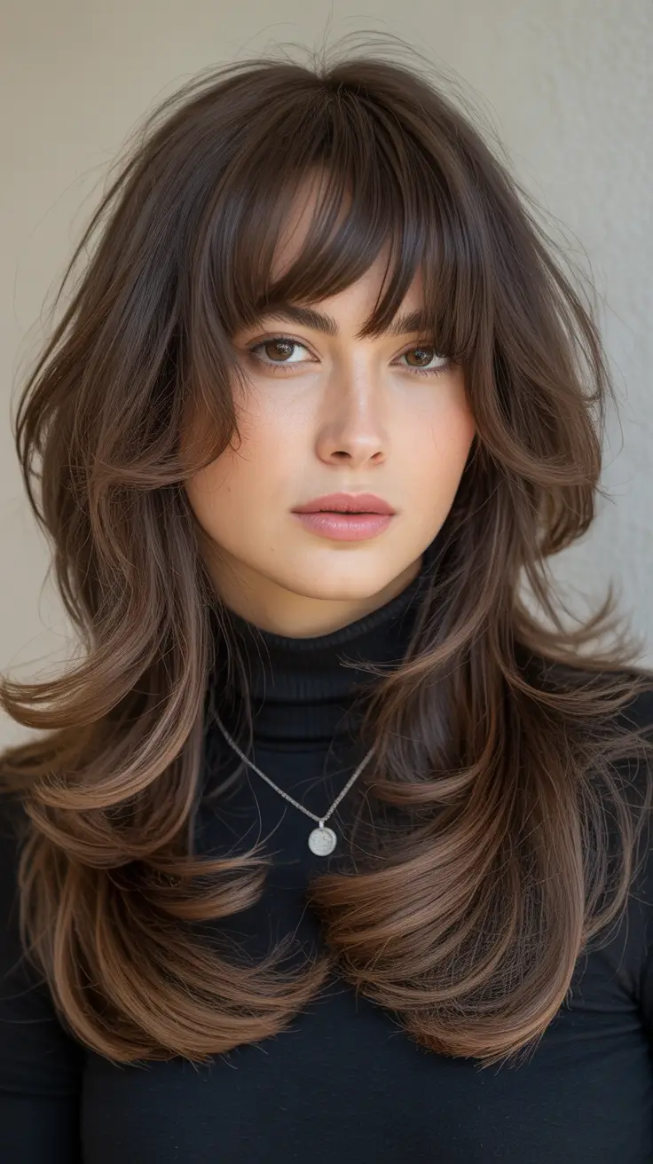 brown hair colors 2026 Light Caramel Brunette With Feathery Curtain Bangs