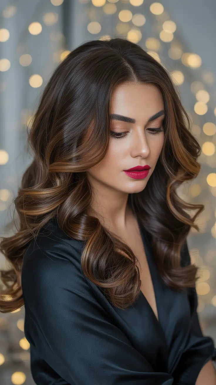 brown hair colors 2026 Candlelit Caramel Ribbons Through Soft Brunette Curls