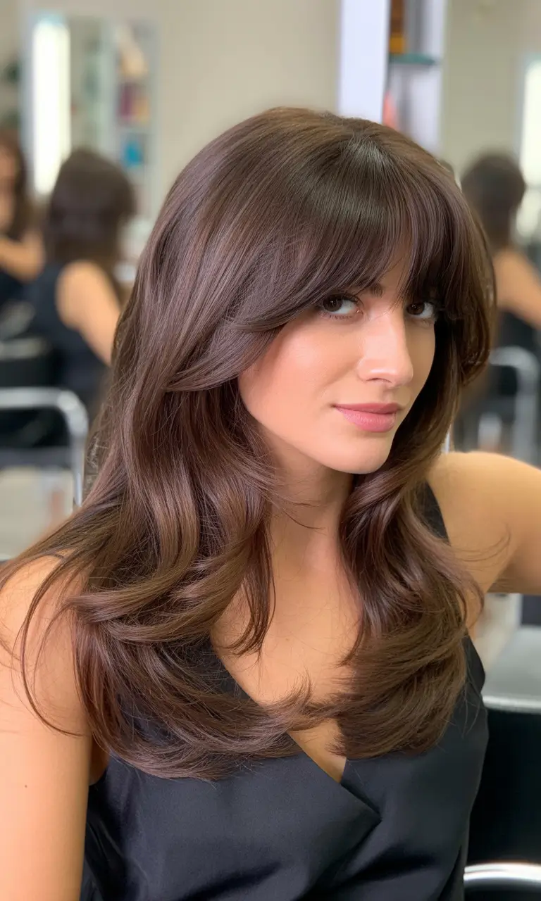 brown hair colors 2026 Soft Medium Brown Layers With Full Fringe