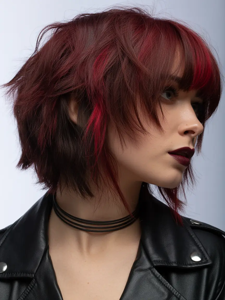 brunette hair color - Textured Red Brunette Shag With Pop Highlights