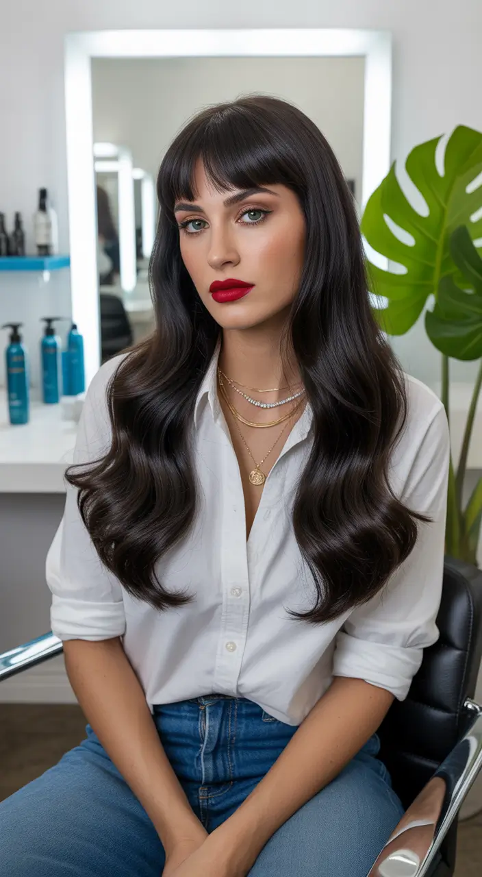 brunette hair color - Inky Brunette With Classic Curtain Bangs