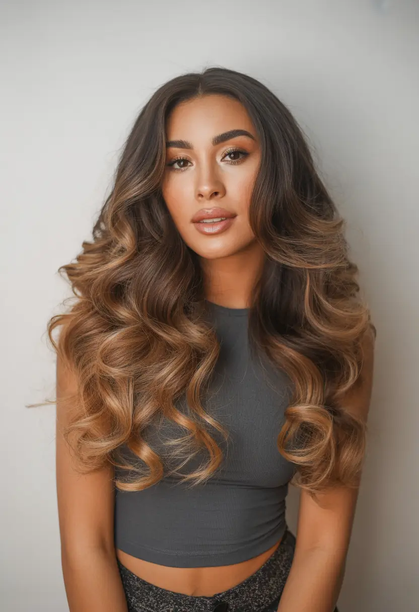 brunette hair color - Honey-Dipped Brunette With Big Voluminous Curls