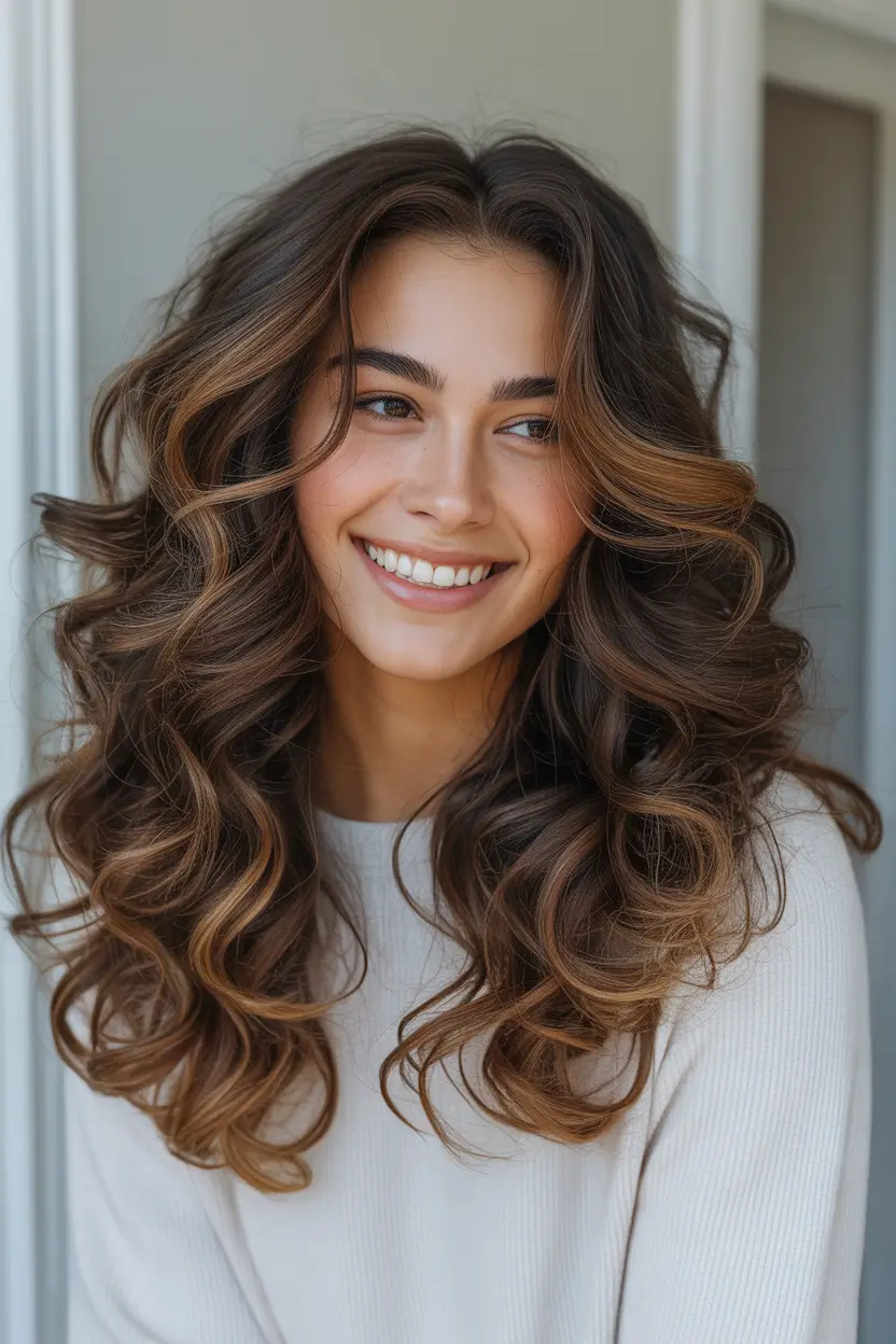 brunette hair color - Softly Textured Brunette With Warm Curls and Glow