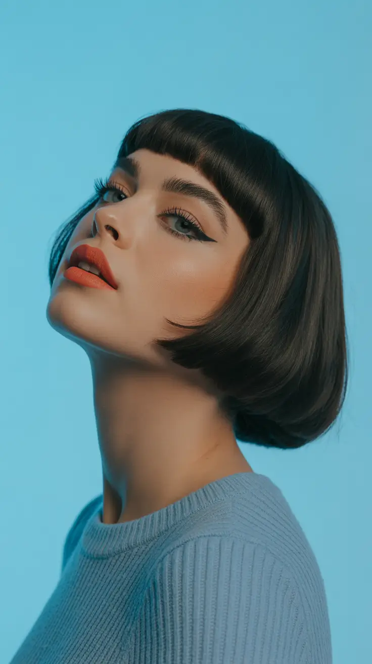 brunette hair color - Ultra Smooth Brunette Bob With Baby Bangs
