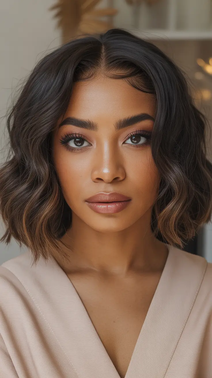 brunette hair color - Dimensional Brunette Bob With Soft Caramel Glow