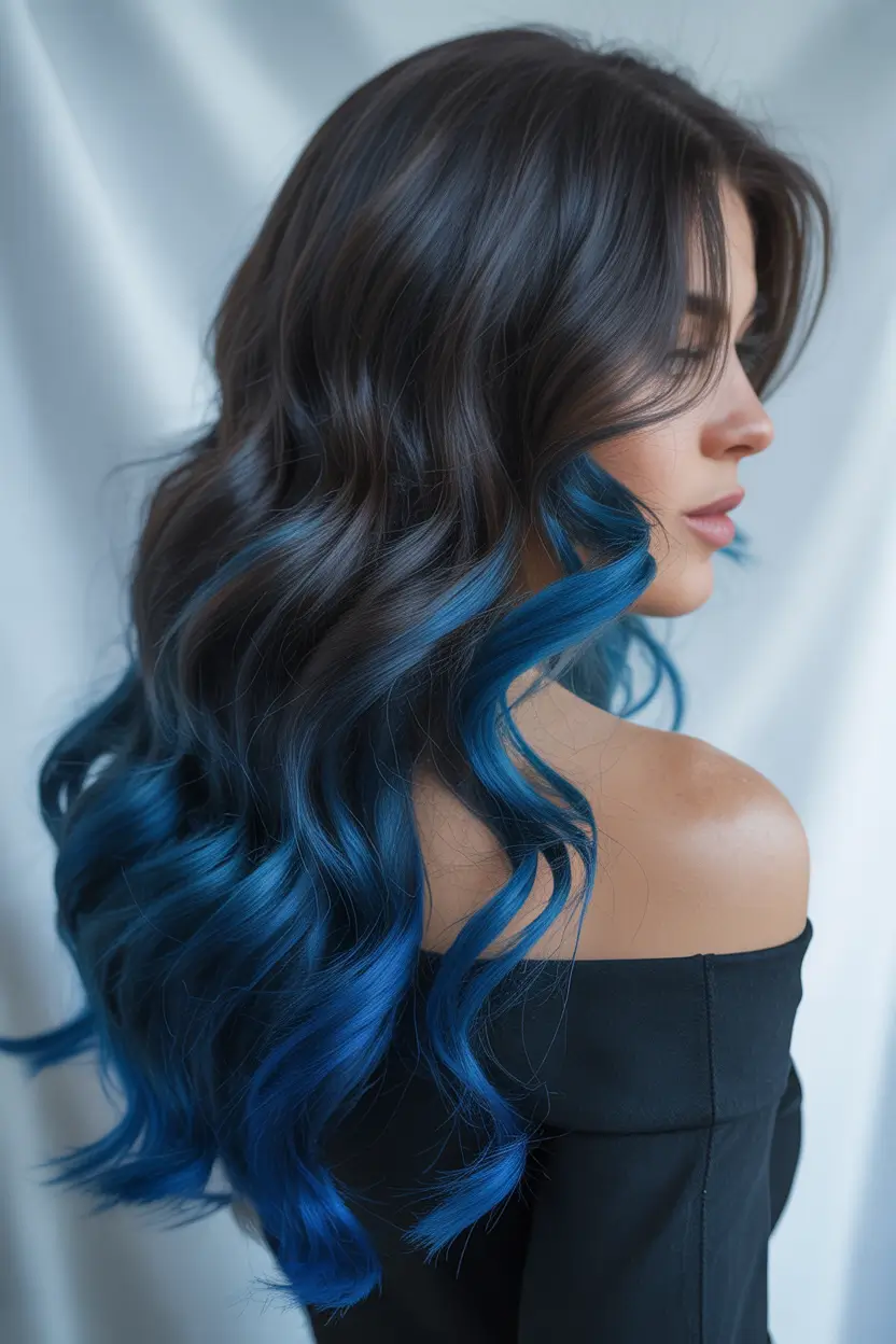 brunette hair color - Midnight Brunette With Electric Blue Ends