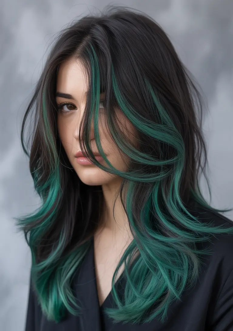 brunette hair color - Dark Brunette With Emerald Contour Strands