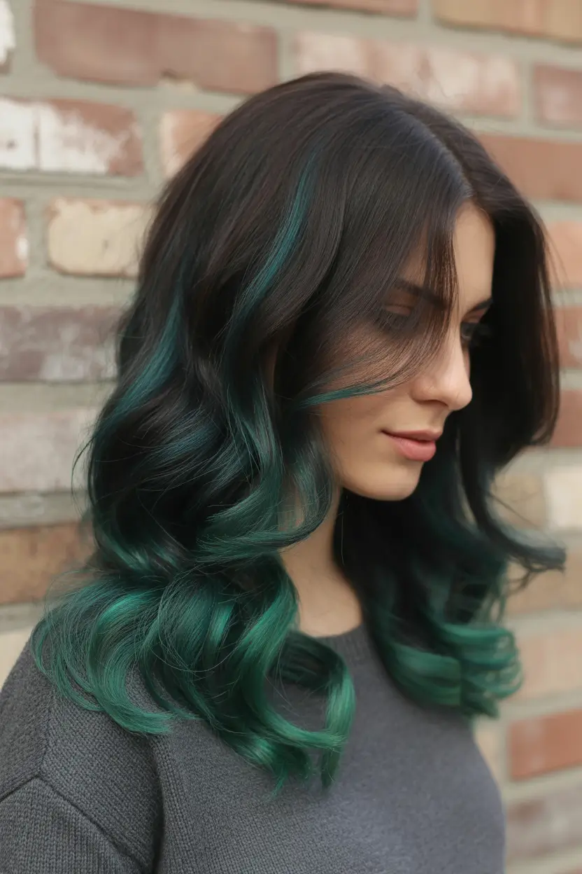 brunette hair color - Deep Brunette With Teal Ribbon Waves