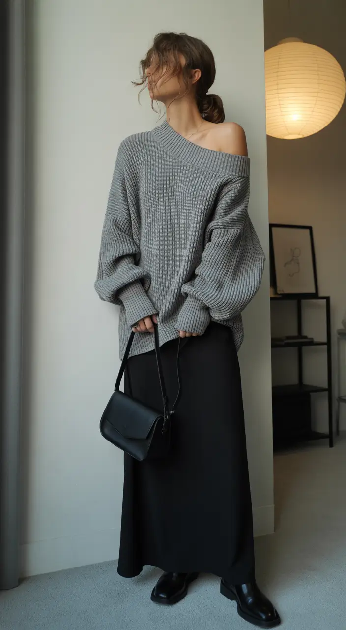 every day outfits - Soft Grey Knit and Maxi Skirt