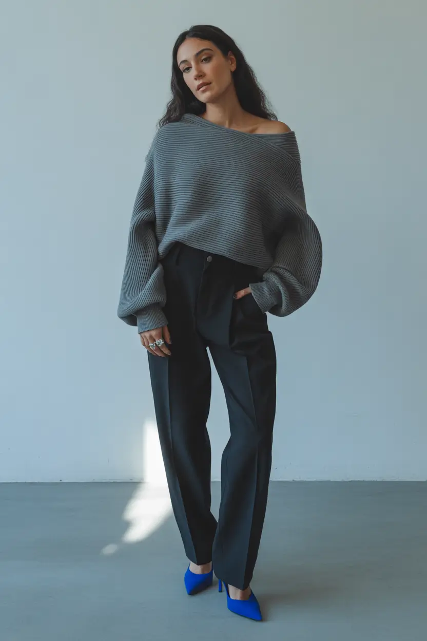 every day outfits - Slate Knit and Tailored Trousers With Color Pop