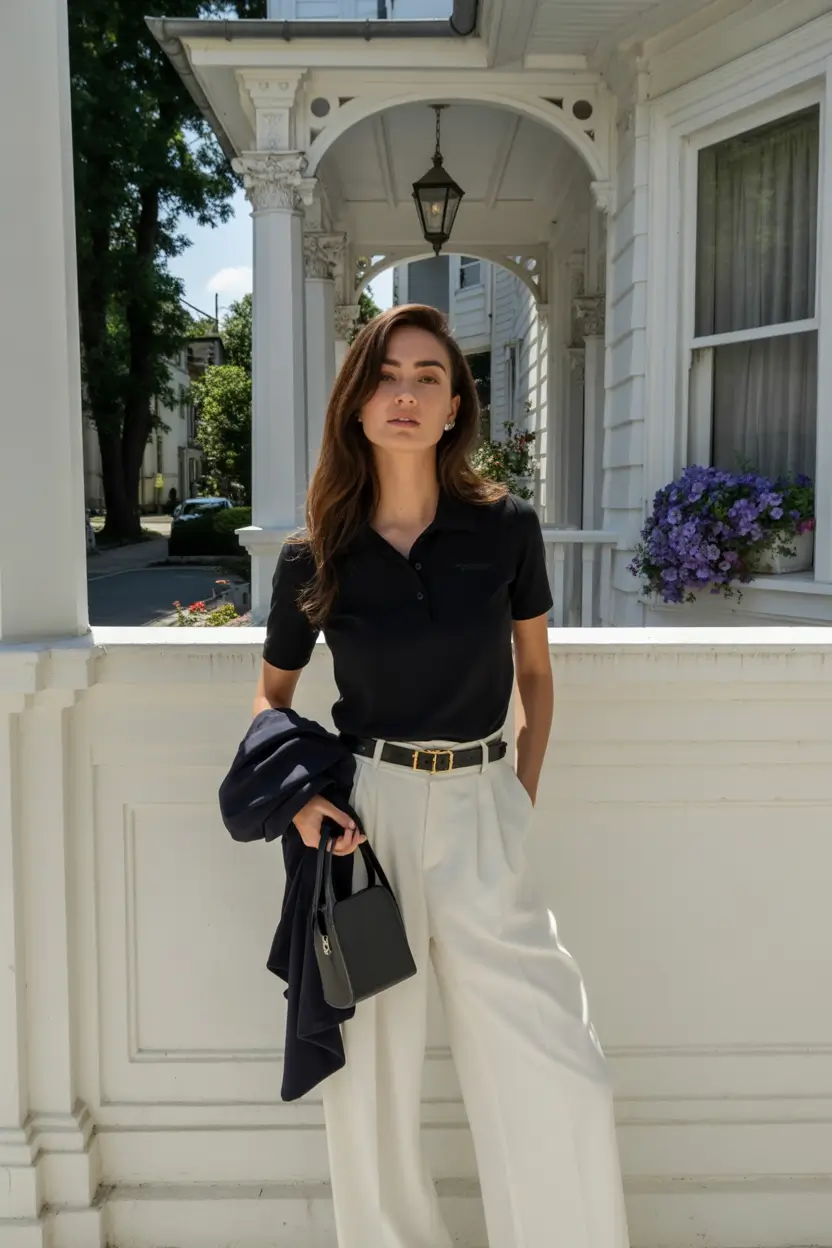 every day outfits - Black Polo and Ivory Trousers