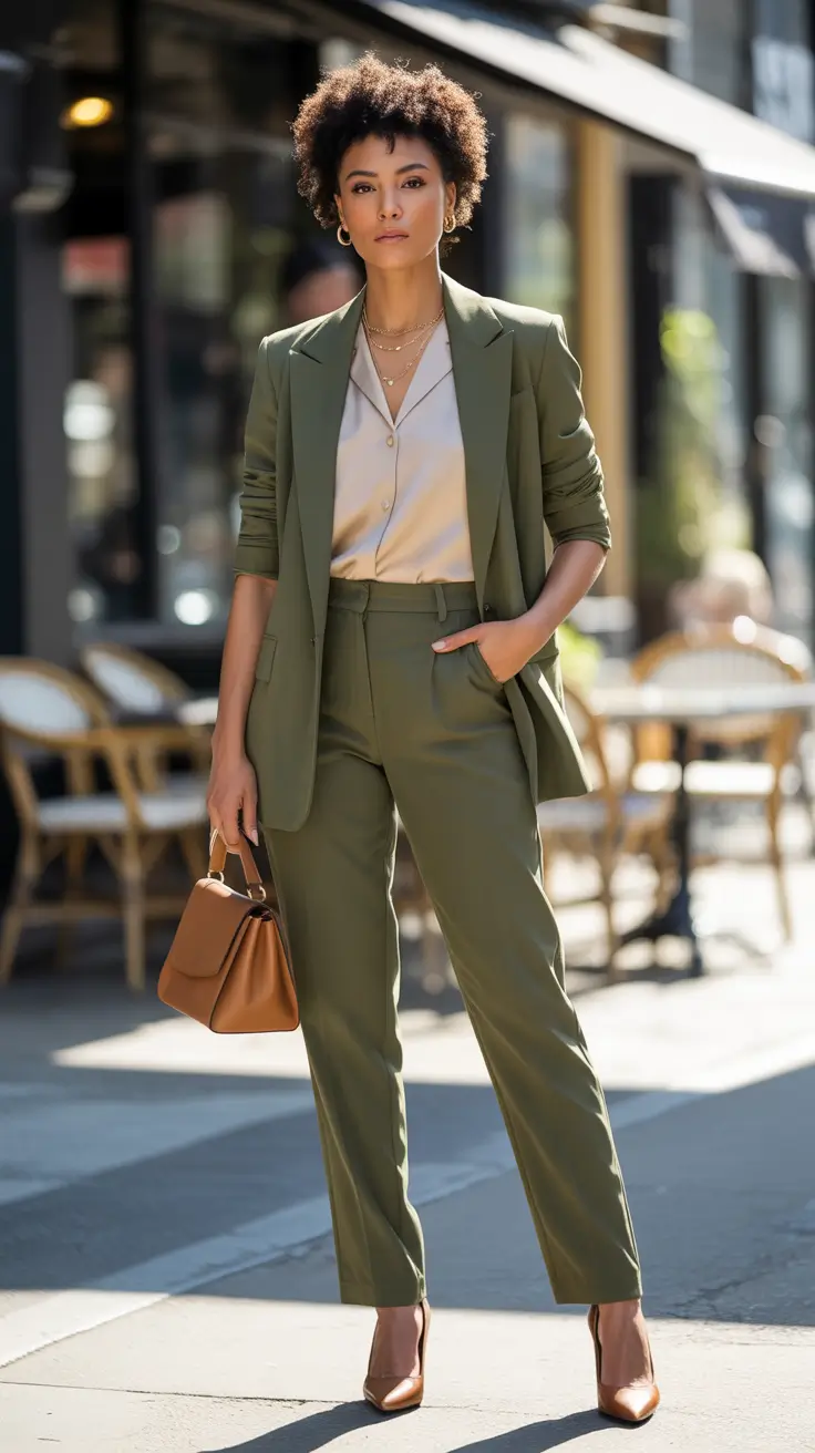 every day outfits - Olive Tailoring With Warm Neutrals