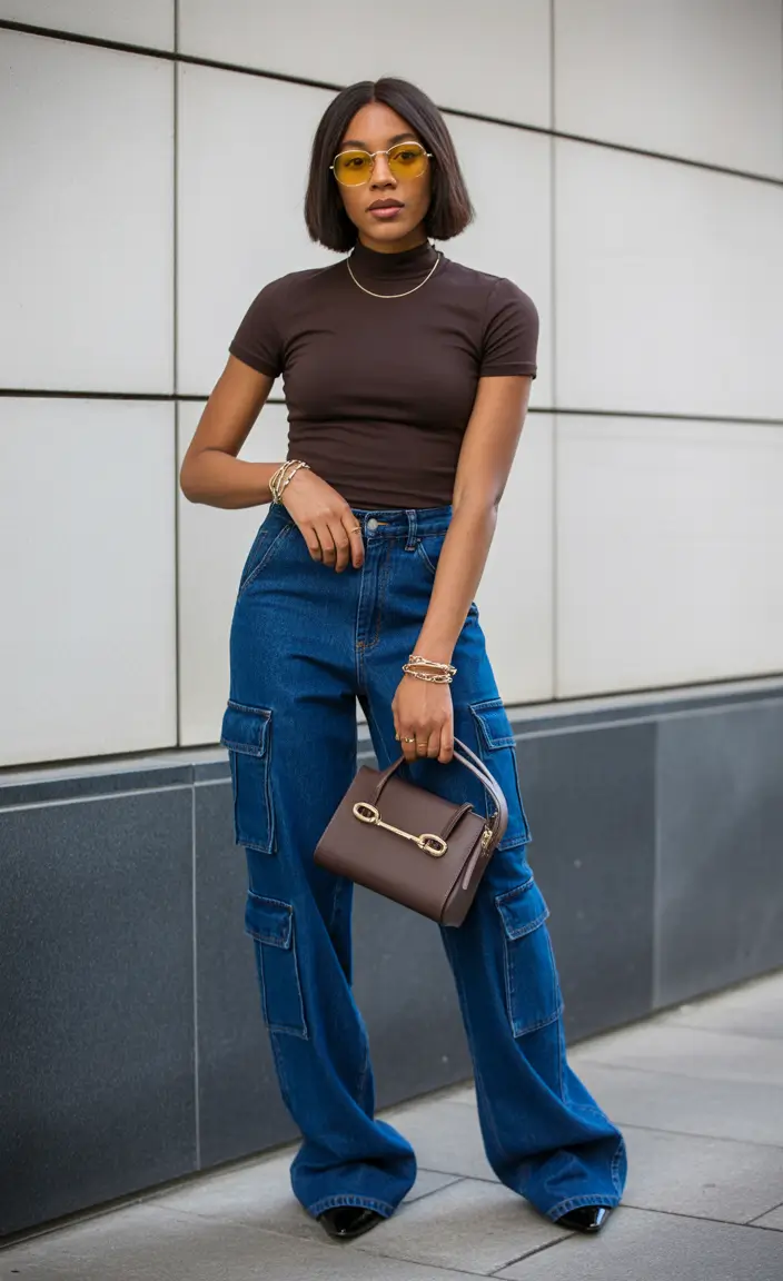 every day outfits - Chocolate Top With Cargo Denim