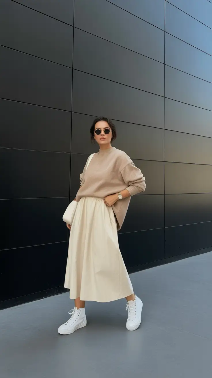 every day outfits - Soft Neutrals With a Mid-Length Skirt