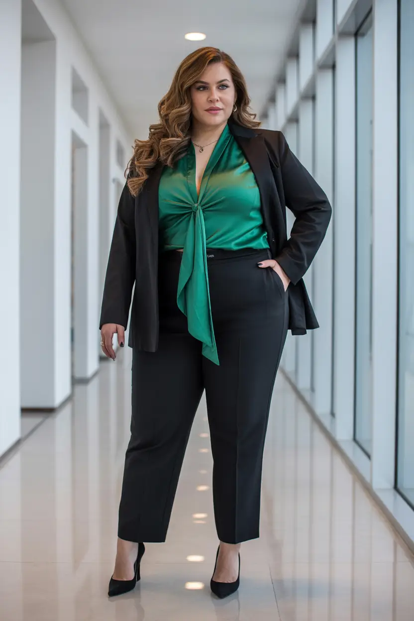 curvy outfits Emerald Tie-Front Office Chic